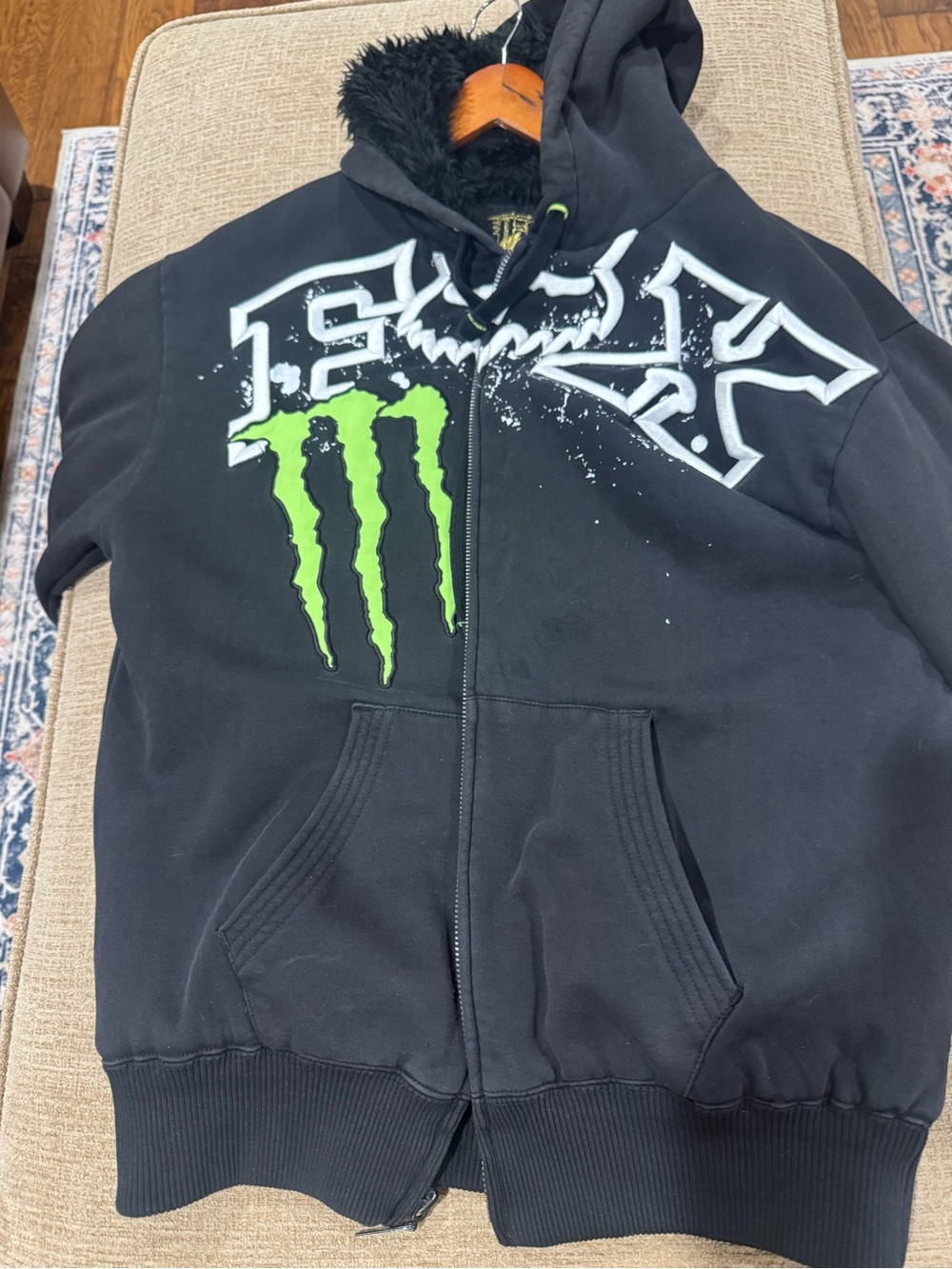 Fox Black Zip-Up Fur Lined Hooded Jacket with Neon Green Logo
